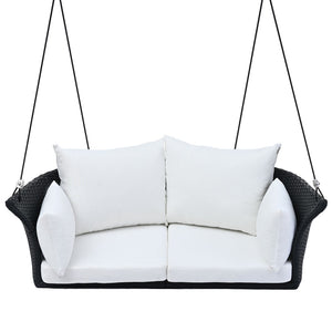 HomeRoots 40" Stylish Black Woven Rattan Outdoor Swing Chair with White Cushion - Perfect for Indoor & Patio Relaxation 653873