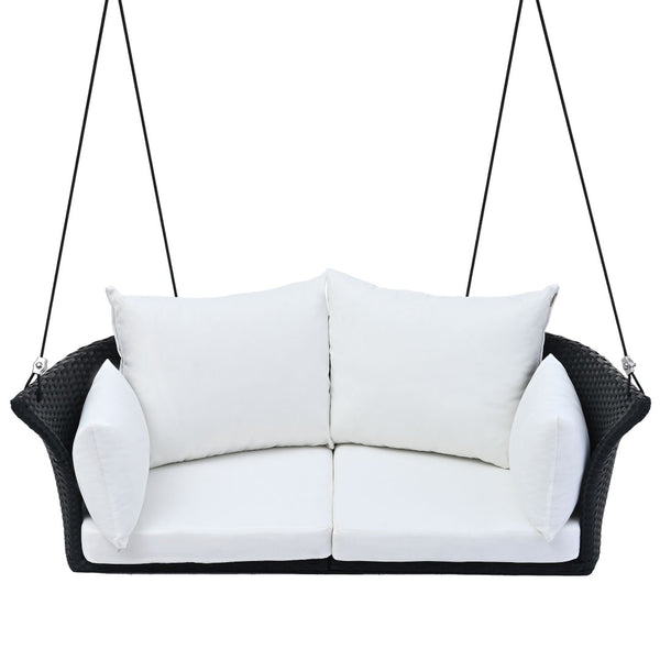 HomeRoots 40" Stylish Black Woven Rattan Outdoor Swing Chair with White Cushion - Perfect for Indoor & Patio Relaxation 653873