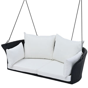 HomeRoots 40" Stylish Black Woven Rattan Outdoor Swing Chair with White Cushion - Perfect for Indoor & Patio Relaxation 653873