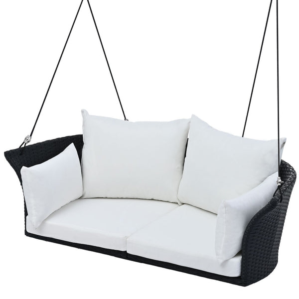HomeRoots 40" Stylish Black Woven Rattan Outdoor Swing Chair with White Cushion - Perfect for Indoor & Patio Relaxation 653873
