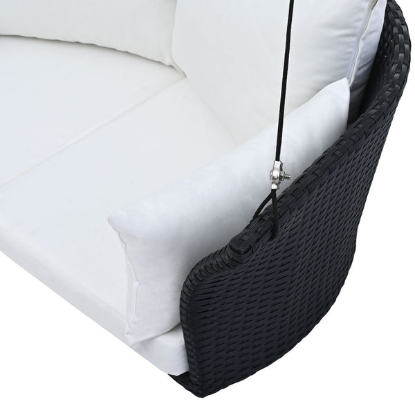 HomeRoots 40" Stylish Black Woven Rattan Outdoor Swing Chair with White Cushion - Perfect for Indoor & Patio Relaxation 653873