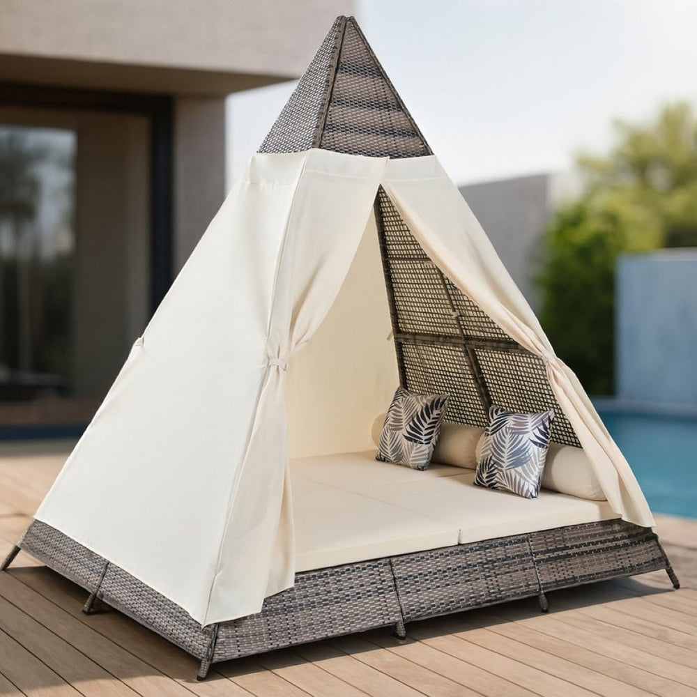 HomeRoots 91" Stylish Pyramid Lounge Chair with Faux Rattan, Cushions, Canopy, and Weather Resistance for Comfort 653874