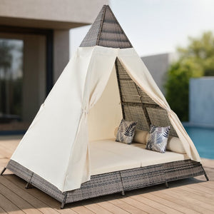 HomeRoots 91" Stylish Pyramid Lounge Chair with Faux Rattan, Cushions, Canopy, and Weather Resistance for Comfort 653874