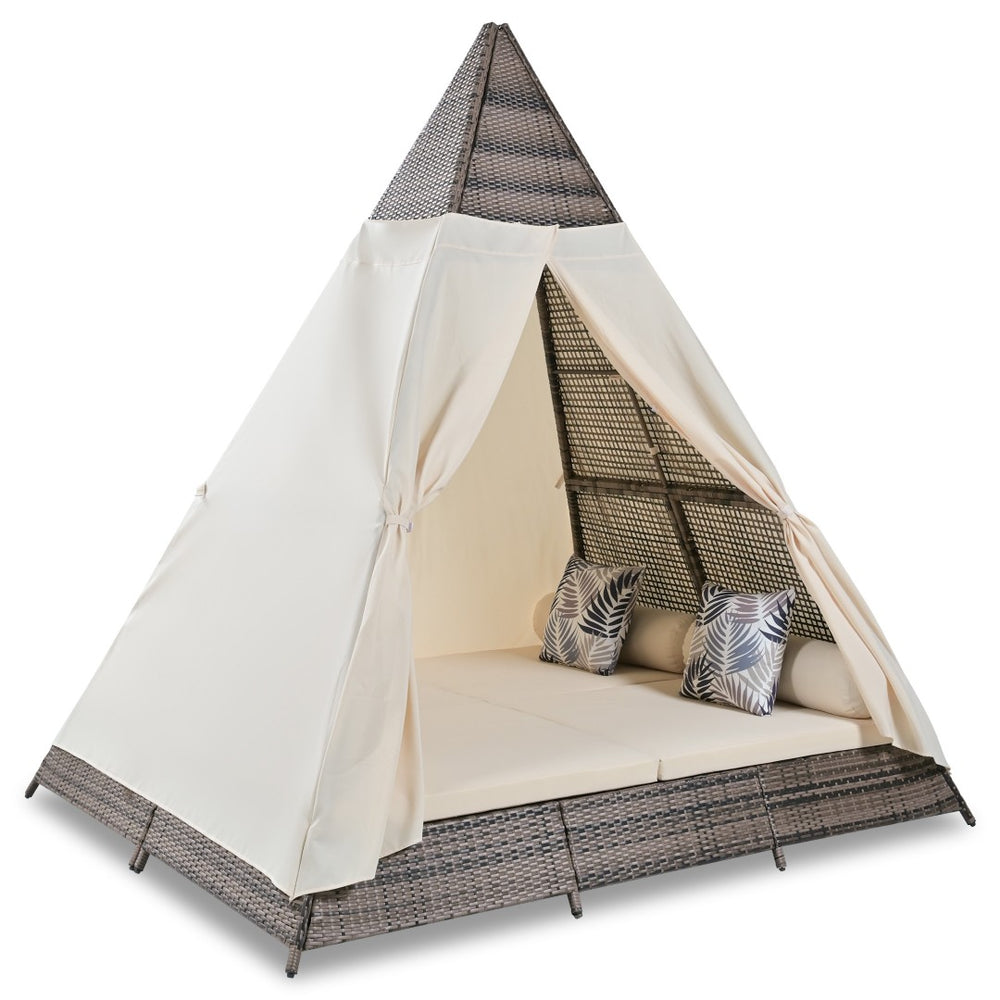 HomeRoots 91" Stylish Pyramid Lounge Chair with Faux Rattan, Cushions, Canopy, and Weather Resistance for Comfort 653874