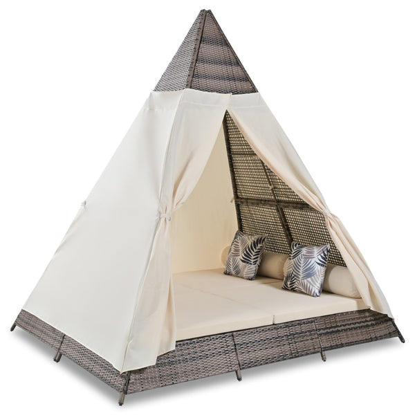 HomeRoots 91" Stylish Pyramid Lounge Chair with Faux Rattan, Cushions, Canopy, and Weather Resistance for Comfort 653874
