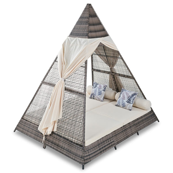 HomeRoots 91" Stylish Pyramid Lounge Chair with Faux Rattan, Cushions, Canopy, and Weather Resistance for Comfort 653874