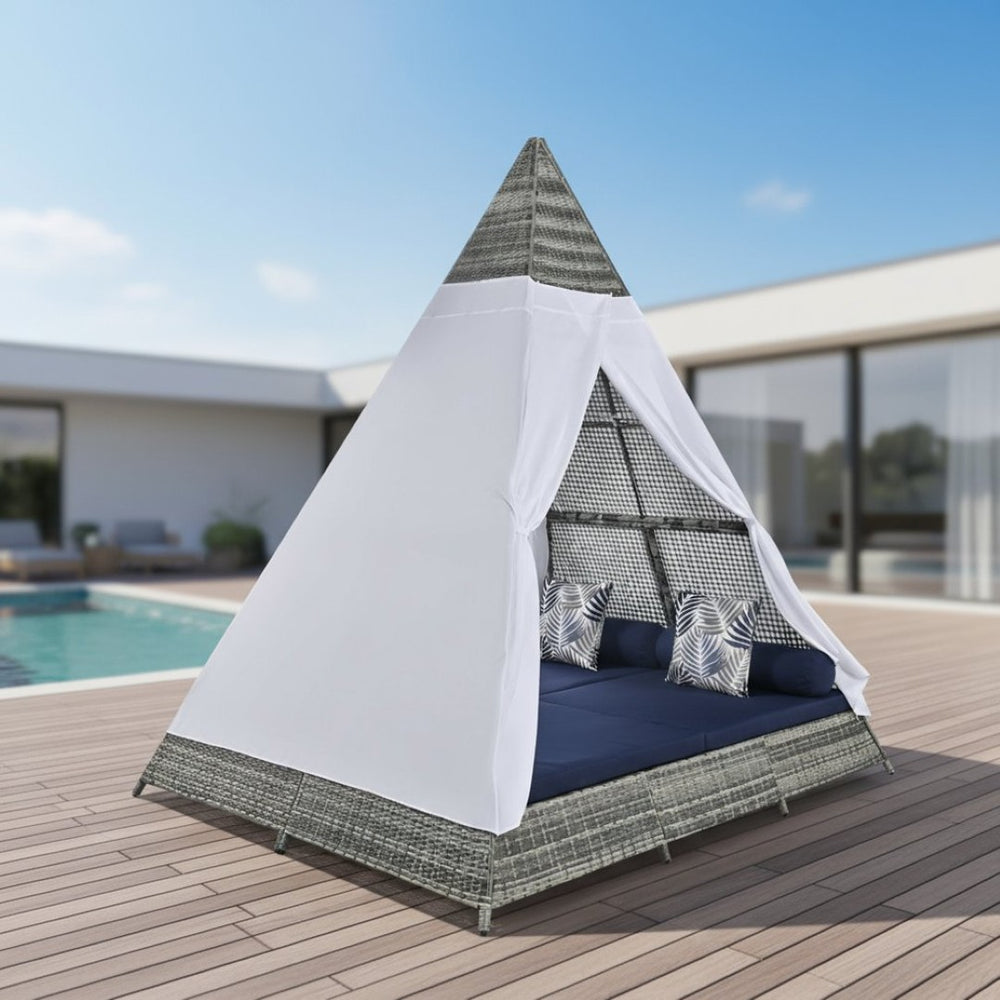 HomeRoots 91" Brown and Blue Faux Rattan Pyramid Lounge Bed – Cozy Outdoor Retreat for Patios and Pools 653875
