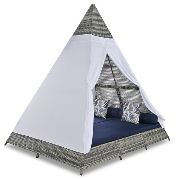 HomeRoots 91" Brown and Blue Faux Rattan Pyramid Lounge Bed – Cozy Outdoor Retreat for Patios and Pools 653875