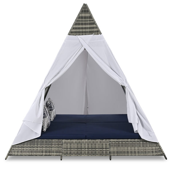 HomeRoots 91" Brown and Blue Faux Rattan Pyramid Lounge Bed – Cozy Outdoor Retreat for Patios and Pools 653875