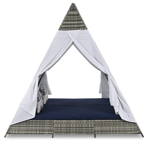 HomeRoots 91" Brown and Blue Faux Rattan Pyramid Lounge Bed – Cozy Outdoor Retreat for Patios and Pools 653875
