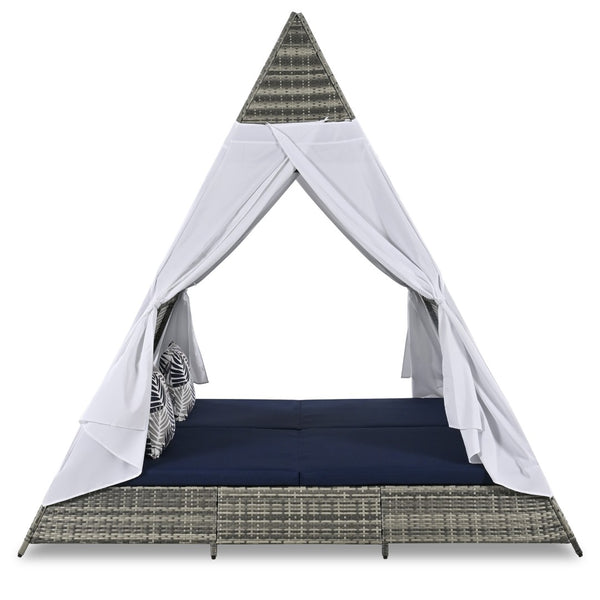 HomeRoots 91" Brown and Blue Faux Rattan Pyramid Lounge Bed – Cozy Outdoor Retreat for Patios and Pools 653875