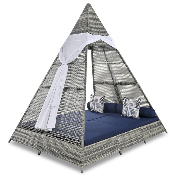 HomeRoots 91" Brown and Blue Faux Rattan Pyramid Lounge Bed – Cozy Outdoor Retreat for Patios and Pools 653875