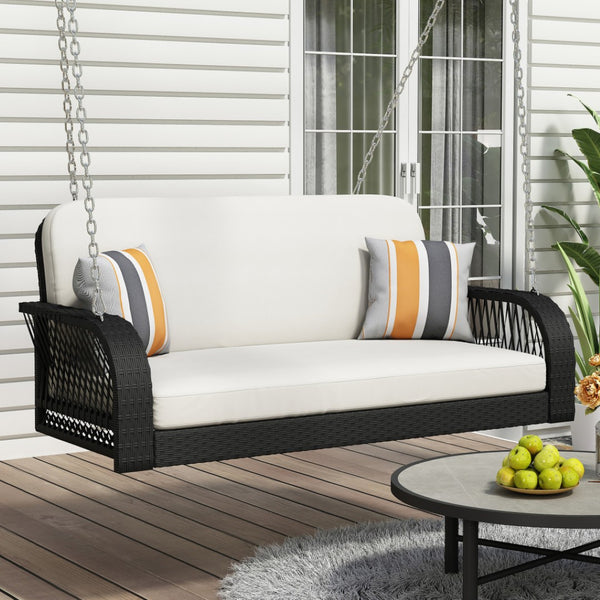 HomeRoots 49" Black Woven Rattan Hanging Swing Chair for Two with Cushions - Stylish Outdoor Comfort Solution 653876