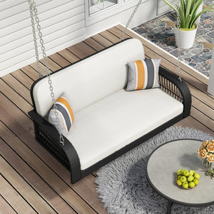 HomeRoots 49" Black Woven Rattan Hanging Swing Chair for Two with Cushions - Stylish Outdoor Comfort Solution 653876