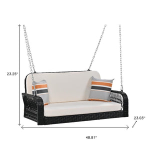 HomeRoots 49" Black Woven Rattan Hanging Swing Chair for Two with Cushions - Stylish Outdoor Comfort Solution 653876