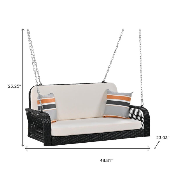 HomeRoots 49" Black Woven Rattan Hanging Swing Chair for Two with Cushions - Stylish Outdoor Comfort Solution 653876