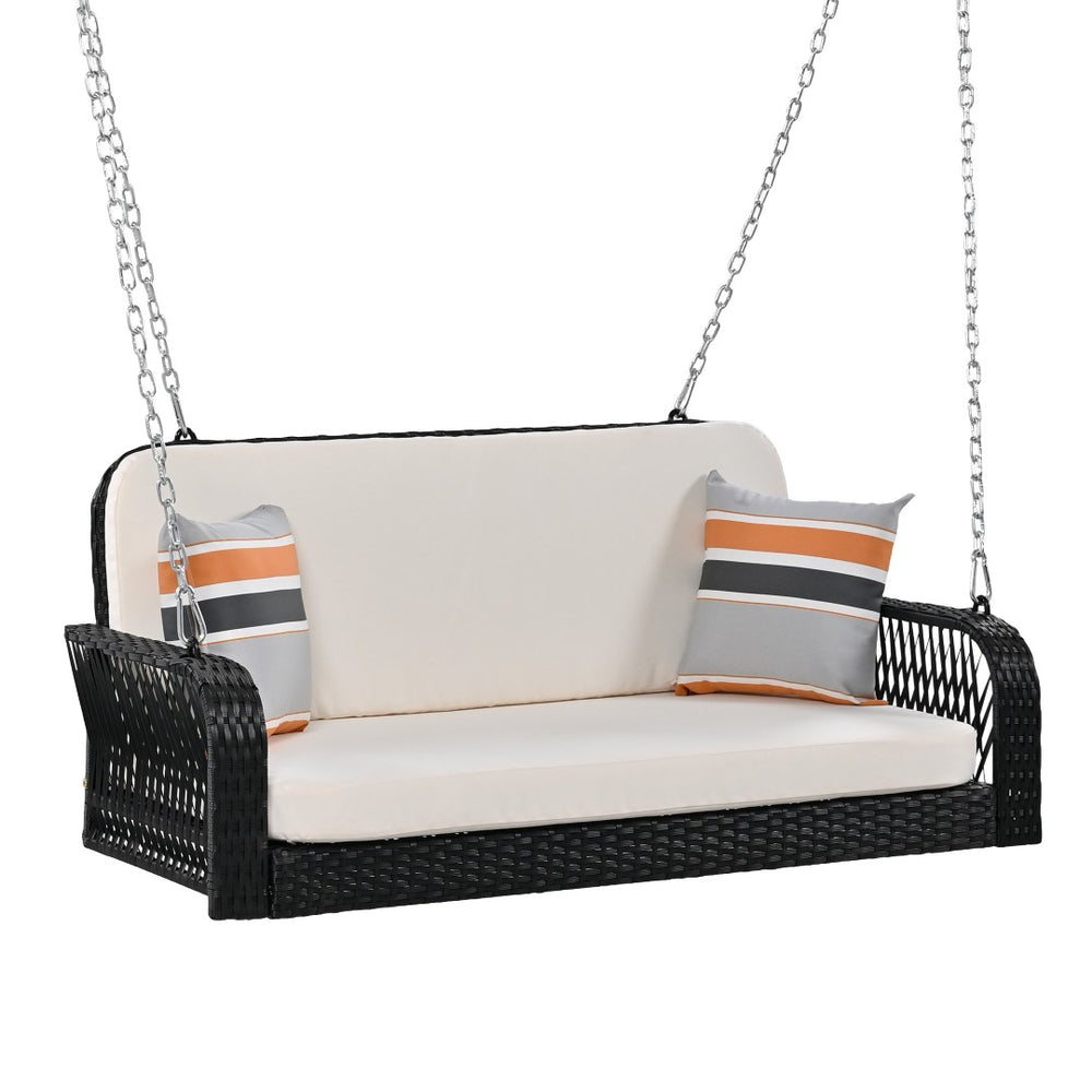 HomeRoots 49" Black Woven Rattan Hanging Swing Chair for Two with Cushions - Stylish Outdoor Comfort Solution 653876