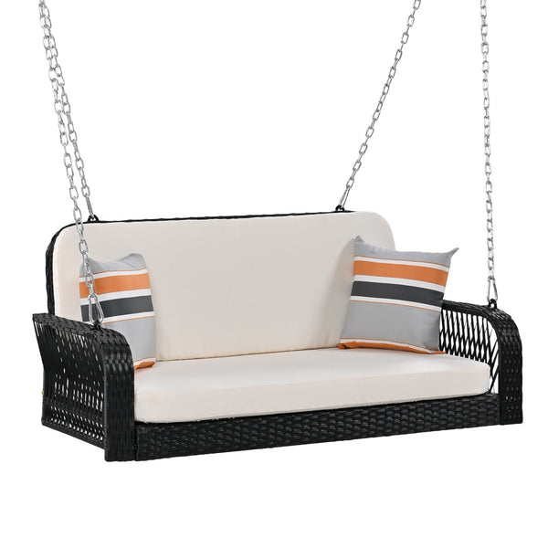 HomeRoots 49" Black Woven Rattan Hanging Swing Chair for Two with Cushions - Stylish Outdoor Comfort Solution 653876