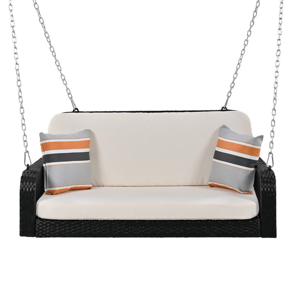 HomeRoots 49" Black Woven Rattan Hanging Swing Chair for Two with Cushions - Stylish Outdoor Comfort Solution 653876