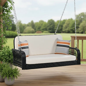 HomeRoots 49" Black Woven Rattan Hanging Swing Chair for Two with Cushions - Stylish Outdoor Comfort Solution 653876