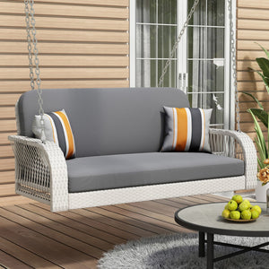 HomeRoots 49" Elegant White Woven Rattan Outdoor Swing Chair for Two with Plush Gray Cushions - Durable & Stylish! 653877