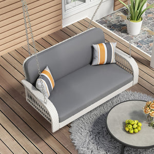 HomeRoots 49" Elegant White Woven Rattan Outdoor Swing Chair for Two with Plush Gray Cushions - Durable & Stylish! 653877