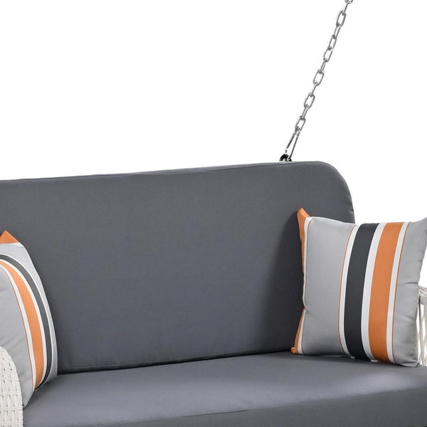 HomeRoots 49" Elegant White Woven Rattan Outdoor Swing Chair for Two with Plush Gray Cushions - Durable & Stylish! 653877