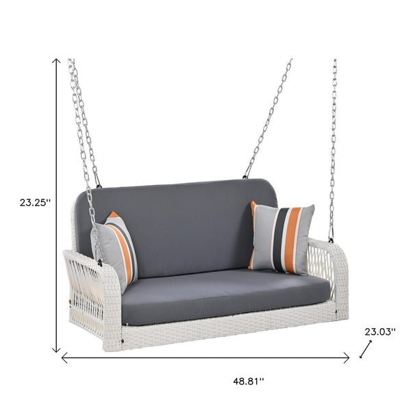 HomeRoots 49" Elegant White Woven Rattan Outdoor Swing Chair for Two with Plush Gray Cushions - Durable & Stylish! 653877