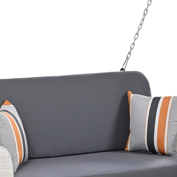 HomeRoots 49" Elegant White Woven Rattan Outdoor Swing Chair for Two with Plush Gray Cushions - Durable & Stylish! 653877