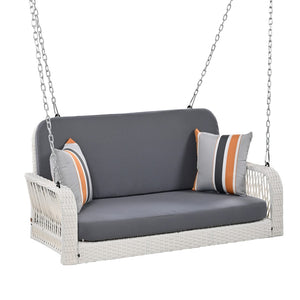 HomeRoots 49" Elegant White Woven Rattan Outdoor Swing Chair for Two with Plush Gray Cushions - Durable & Stylish! 653877