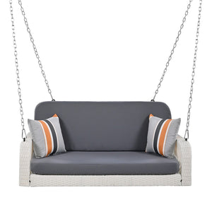 HomeRoots 49" Elegant White Woven Rattan Outdoor Swing Chair for Two with Plush Gray Cushions - Durable & Stylish! 653877