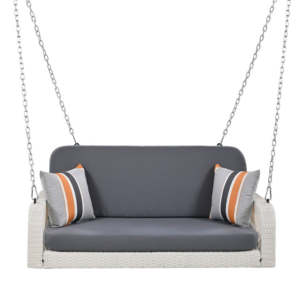 HomeRoots 49" Elegant White Woven Rattan Outdoor Swing Chair for Two with Plush Gray Cushions - Durable & Stylish! 653877
