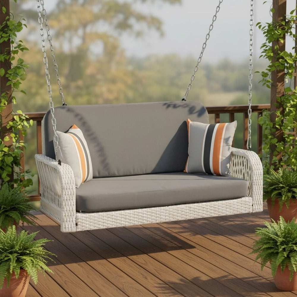 HomeRoots 49" Elegant White Woven Rattan Outdoor Swing Chair for Two with Plush Gray Cushions - Durable & Stylish! 653877