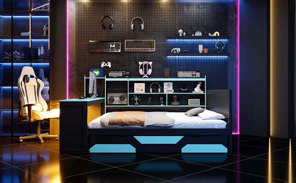 English Elm Queen Gaming Bed Frame with Desk Led Lighting Storage Drawers and Bookcase Headboard Black+Blue LP000290AAC