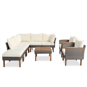 HomeRoots Nine Piece Outdoor Rattan Sectional Seating Set with Upholstered Cushions & Acacia Coffee Table 653920