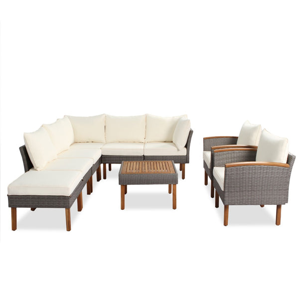 HomeRoots Nine Piece Outdoor Rattan Sectional Seating Set with Upholstered Cushions & Acacia Coffee Table 653920