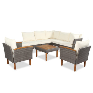 HomeRoots Nine Piece Outdoor Rattan Sectional Seating Set with Upholstered Cushions & Acacia Coffee Table 653920