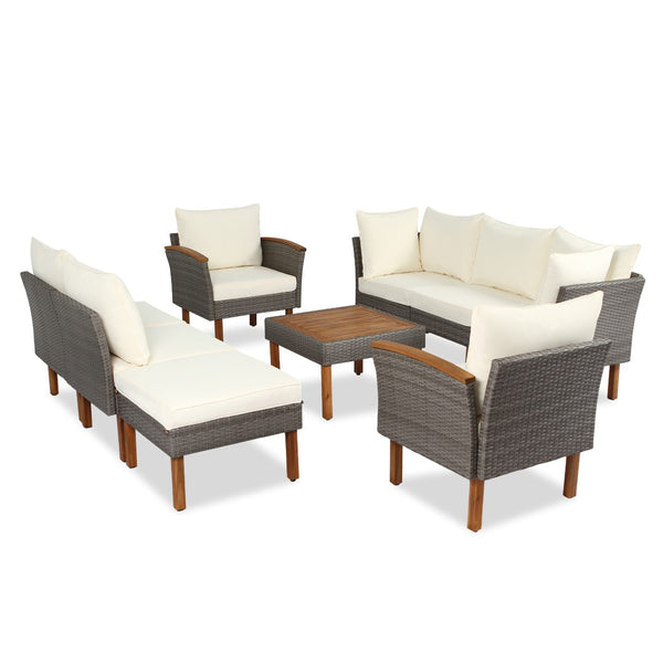 HomeRoots Nine Piece Outdoor Rattan Sectional Seating Set with Upholstered Cushions & Acacia Coffee Table 653920
