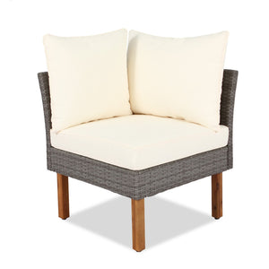HomeRoots Nine Piece Outdoor Rattan Sectional Seating Set with Upholstered Cushions & Acacia Coffee Table 653920