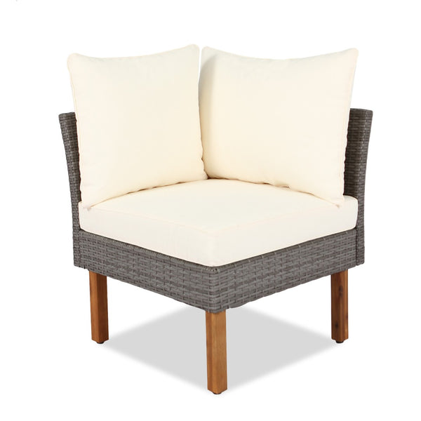 HomeRoots Nine Piece Outdoor Rattan Sectional Seating Set with Upholstered Cushions & Acacia Coffee Table 653920