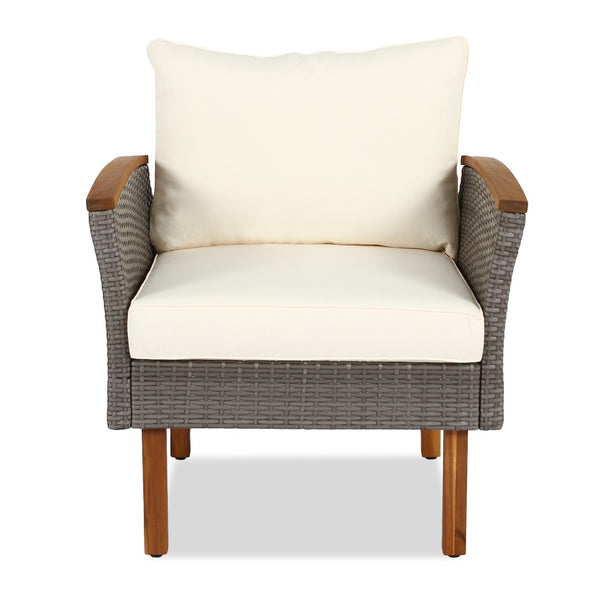 HomeRoots Nine Piece Outdoor Rattan Sectional Seating Set with Upholstered Cushions & Acacia Coffee Table 653920