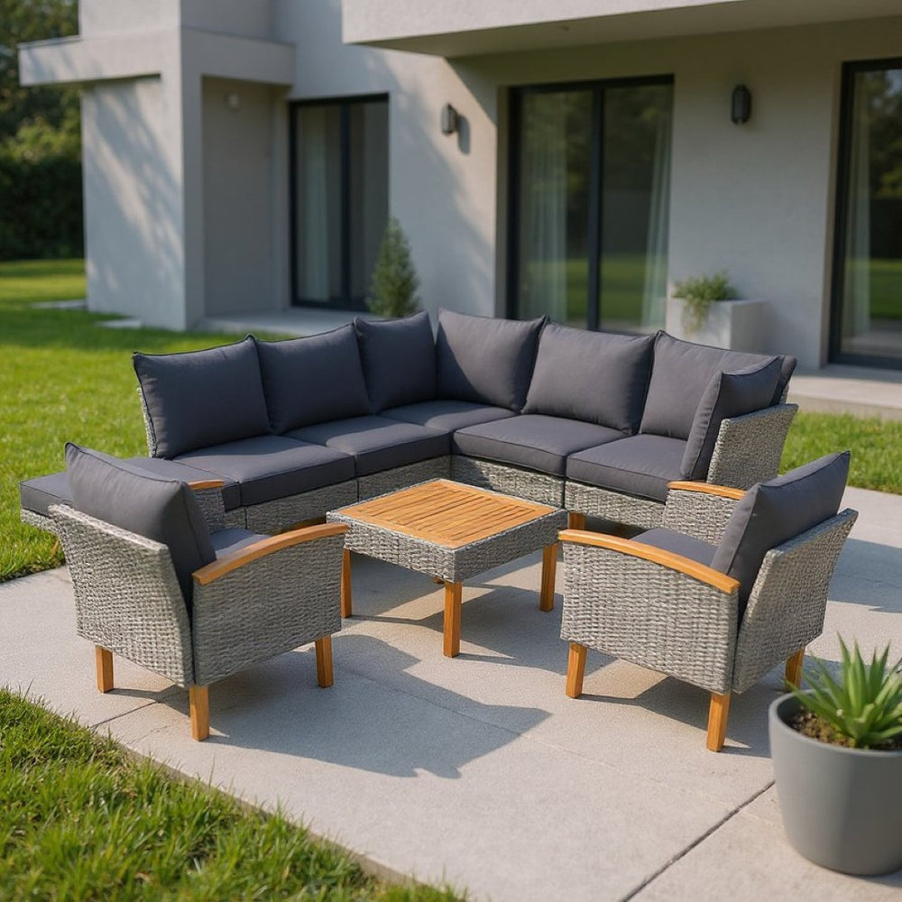 HomeRoots Nine-Piece Gray Rattan Sectional Seating Set with Cushions & Table - Stylish, Comfortable Outdoor Lounge 653921