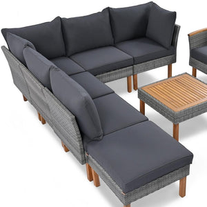 HomeRoots Nine-Piece Gray Rattan Sectional Seating Set with Cushions & Table - Stylish, Comfortable Outdoor Lounge 653921