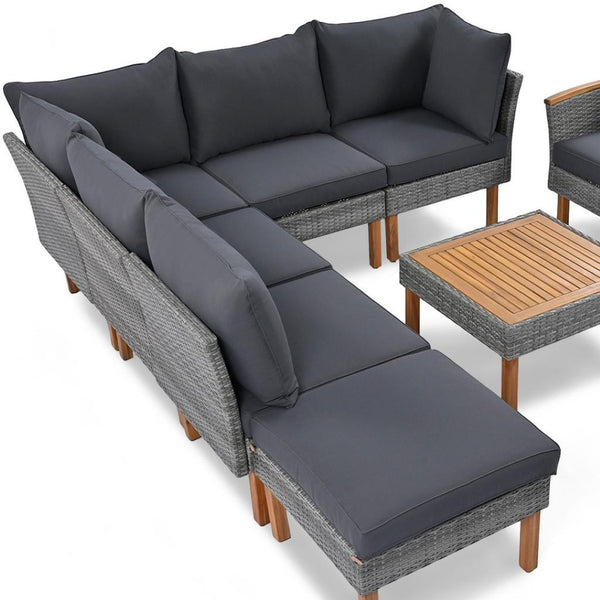 HomeRoots Nine-Piece Gray Rattan Sectional Seating Set with Cushions & Table - Stylish, Comfortable Outdoor Lounge 653921