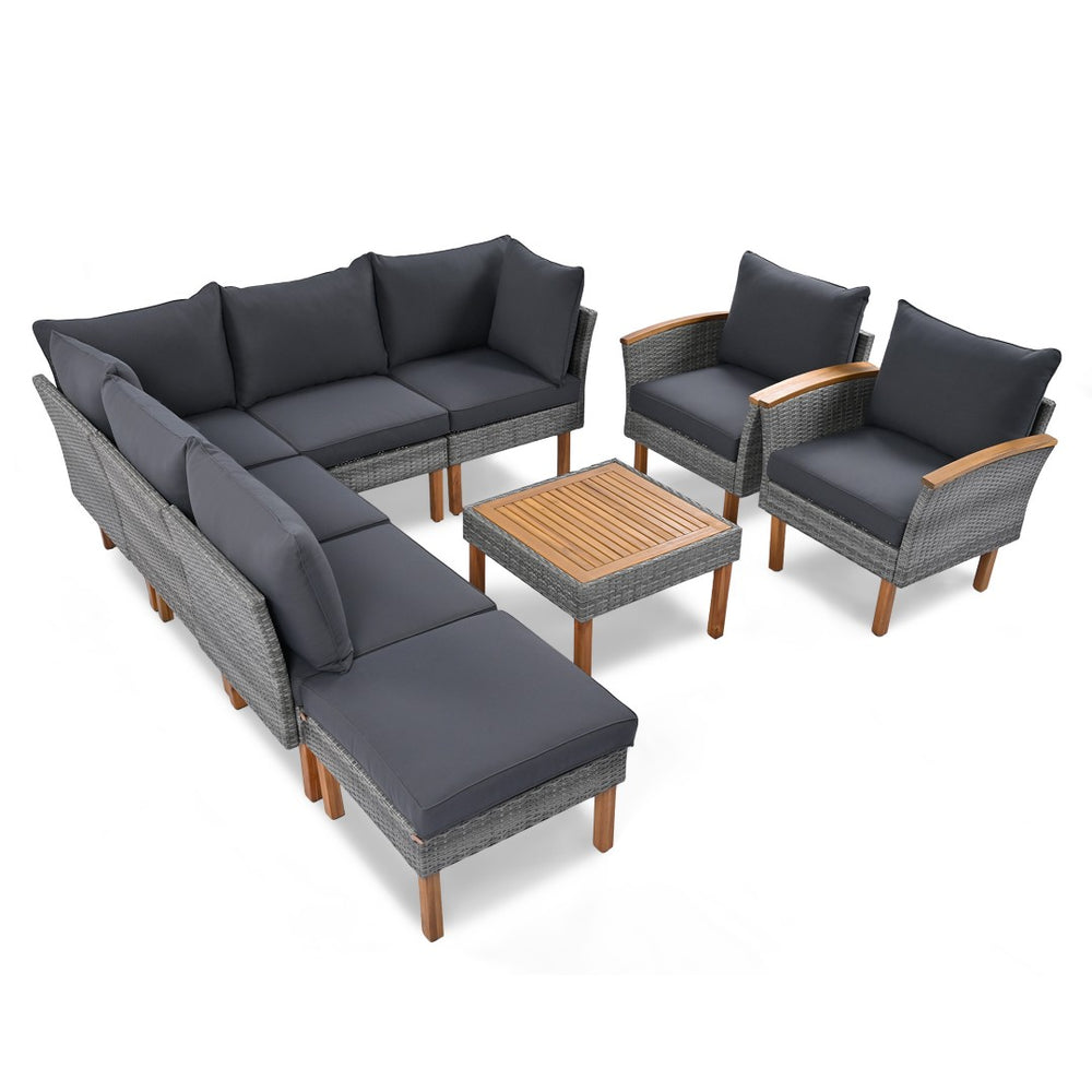 HomeRoots Nine-Piece Gray Rattan Sectional Seating Set with Cushions & Table - Stylish, Comfortable Outdoor Lounge 653921