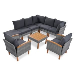 HomeRoots Nine-Piece Gray Rattan Sectional Seating Set with Cushions & Table - Stylish, Comfortable Outdoor Lounge 653921