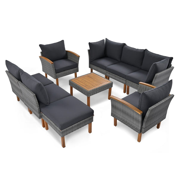 HomeRoots Nine-Piece Gray Rattan Sectional Seating Set with Cushions & Table - Stylish, Comfortable Outdoor Lounge 653921