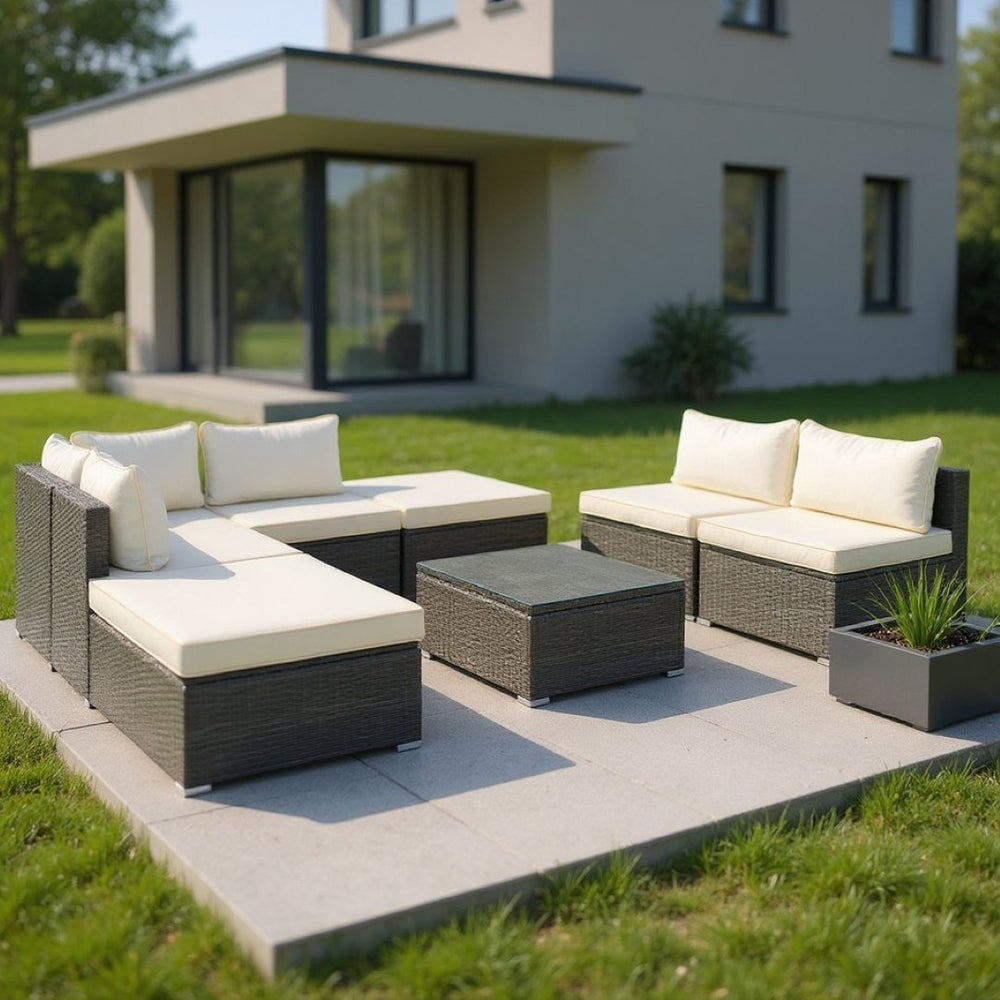 HomeRoots Eight-Piece Gray and Beige Wicker Sectional Seating Group with Cushions and Stylish Coffee Table 653922