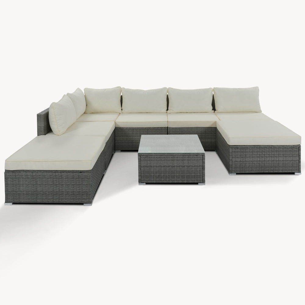 HomeRoots Eight-Piece Gray and Beige Wicker Sectional Seating Group with Cushions and Stylish Coffee Table 653922