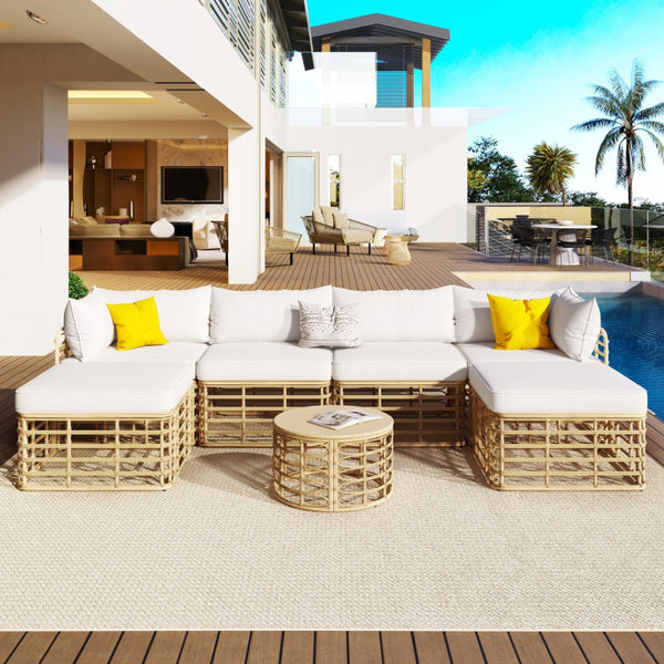 HomeRoots Seven-Piece Wicker Sectional Seating Group with Upholstered Cushions & Coffee Table for Outdoor Comfort 653923